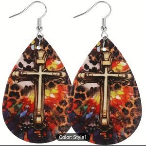 Cross earrings teardrop women's faux leather‎ new d81